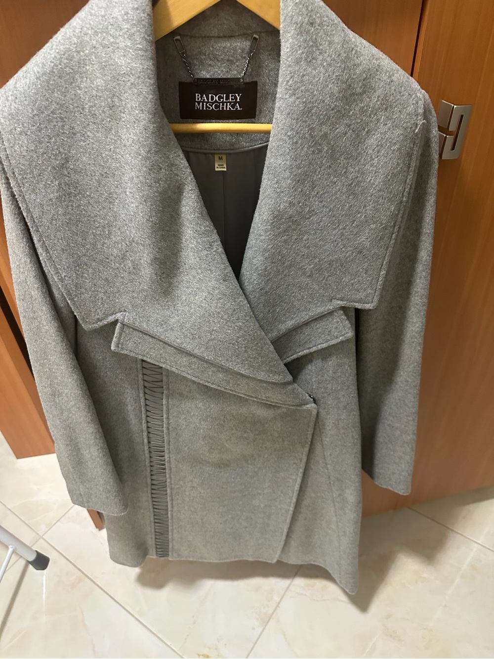 Badgley Mischka Light Gray Wool-Blend Wrap Trench Coat